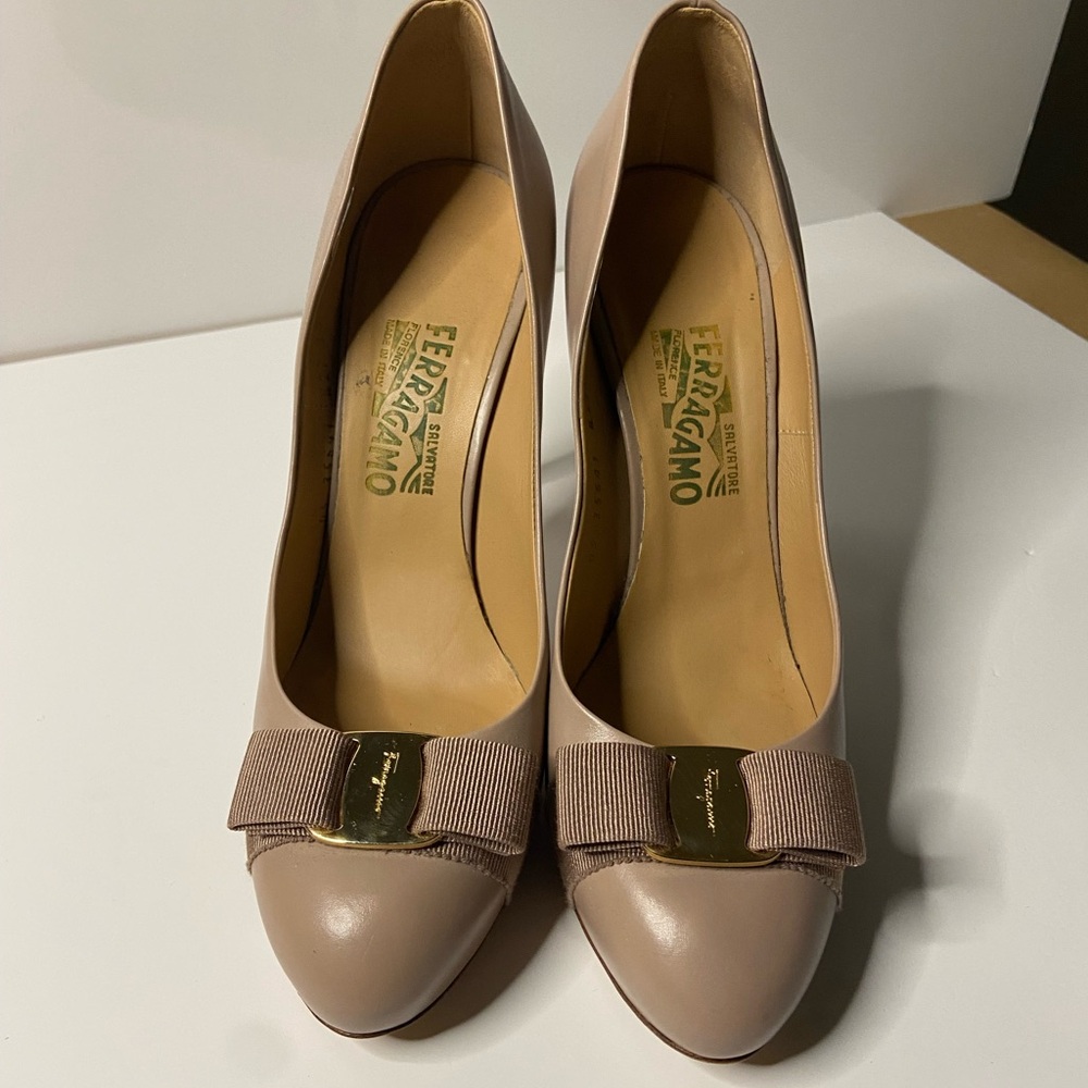 Salvatore Ferragamo Nude Heels with Gold Buckle